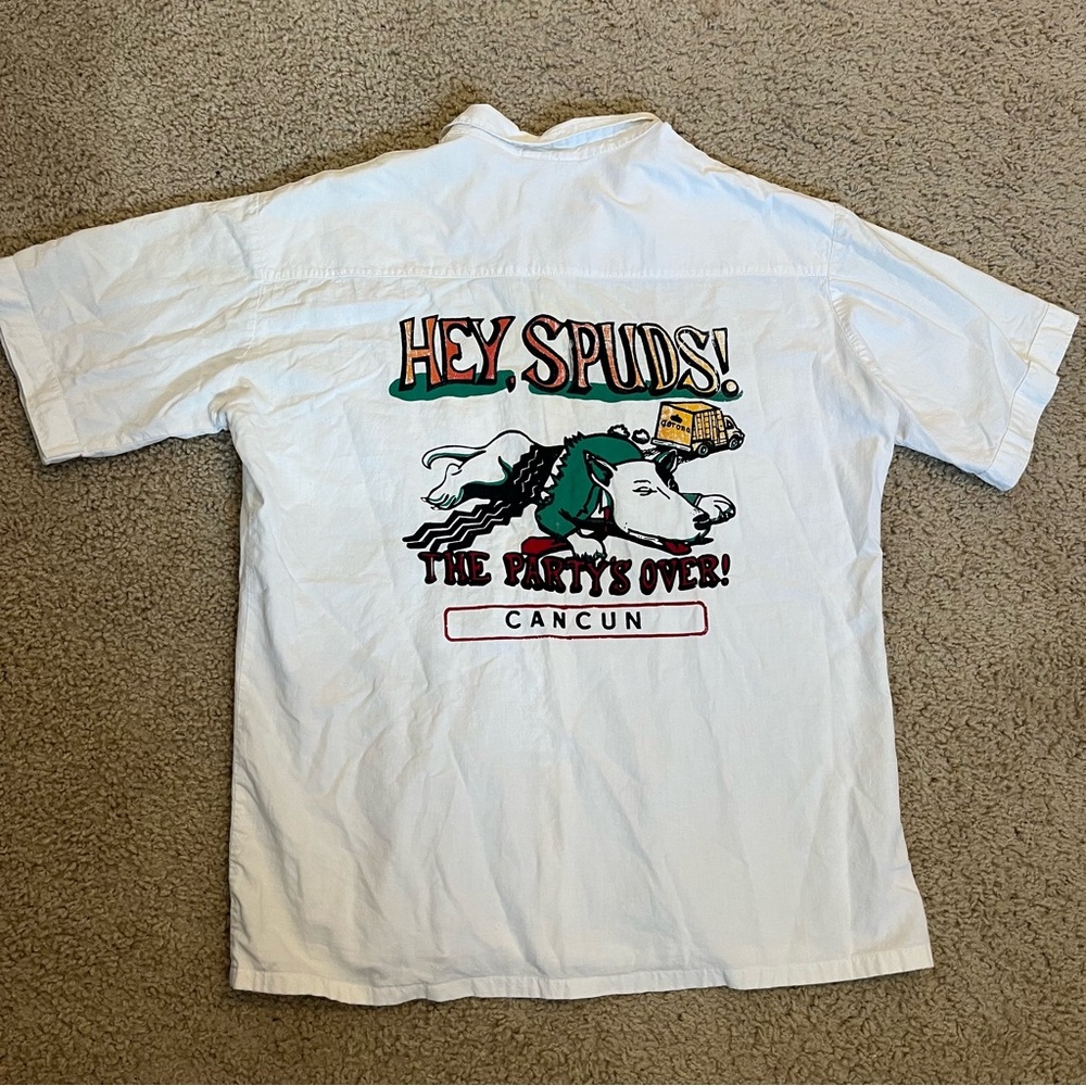 Vintage 80s Hey Spuds The Party’s Over Cancun Shirt Budweiser Coors Beer Mexico